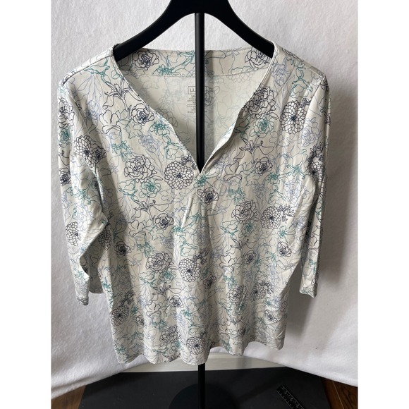 L.L. Bean Tops - LL Bean Womens 1X Plus White Floral Supima Cotton 3/4 Sleeve Split Neck Top